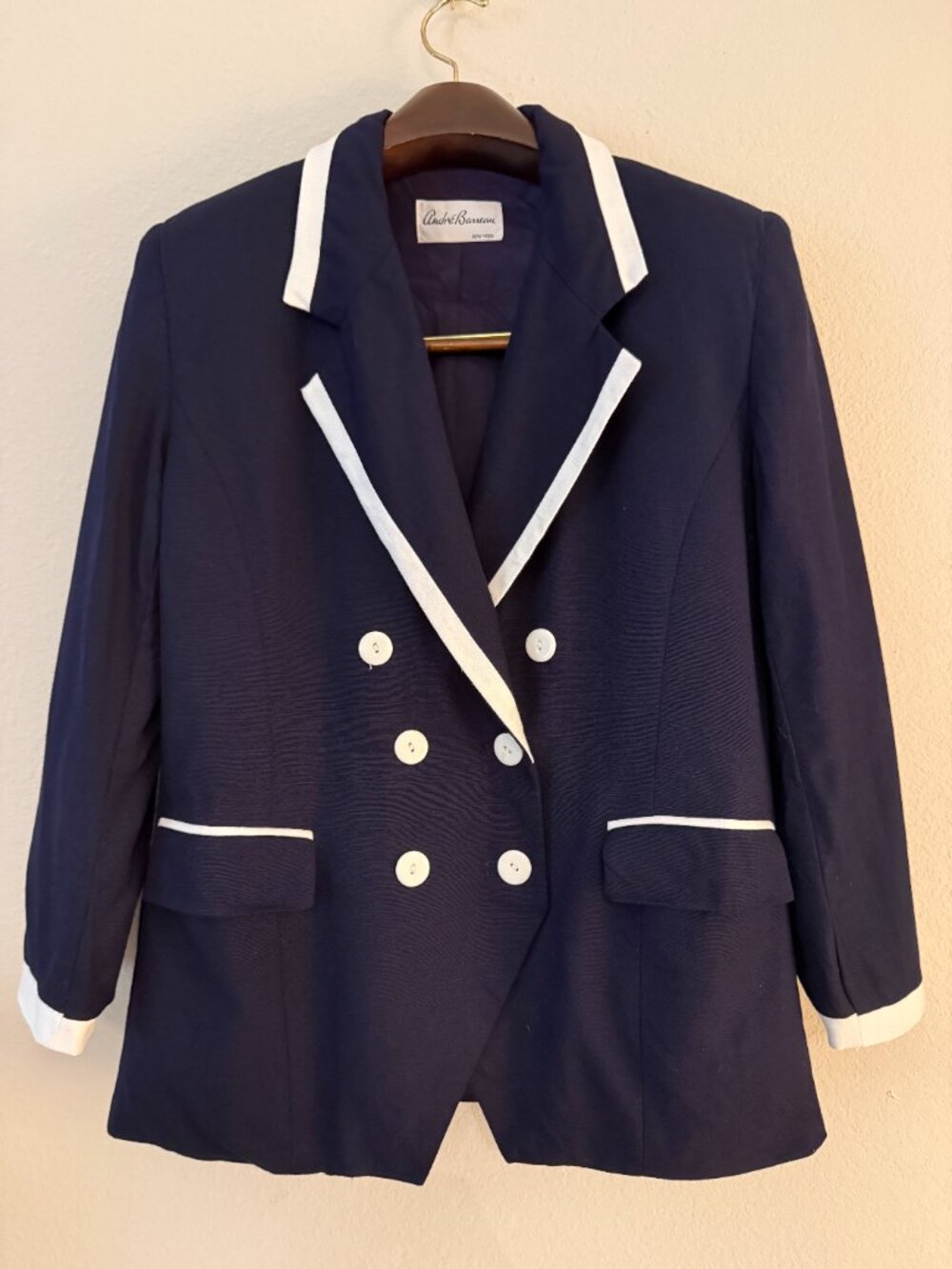 Vintage 90s Andre Barreau Navy Classic Double Breasted Preppy Blazer - Picture 3 of 8